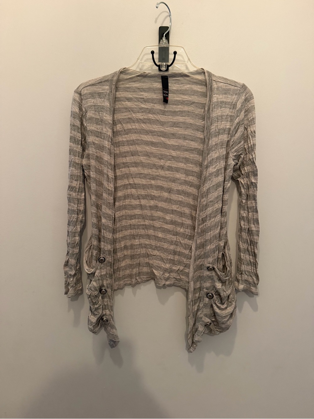 Gray and Cream Striped Open-Front Cardigan With Anchor Accent Buttons